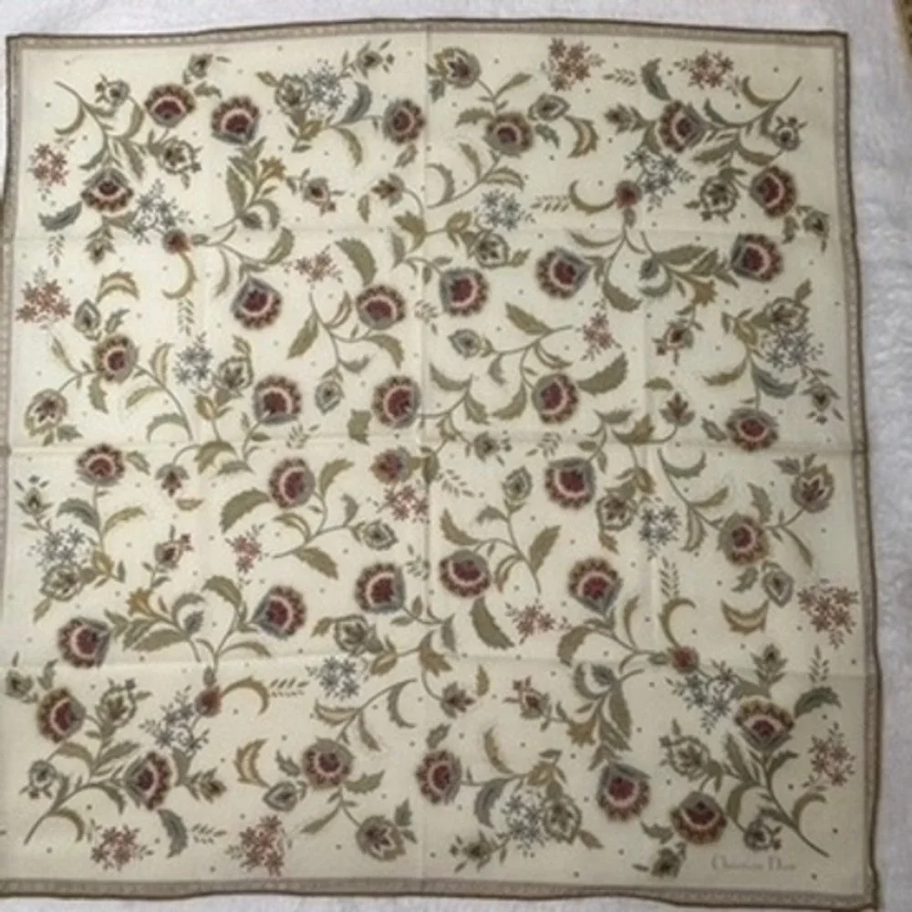 Vtg CHRISTIAN DIOR Scarf Handkerchief Floral Cream Red 18.5